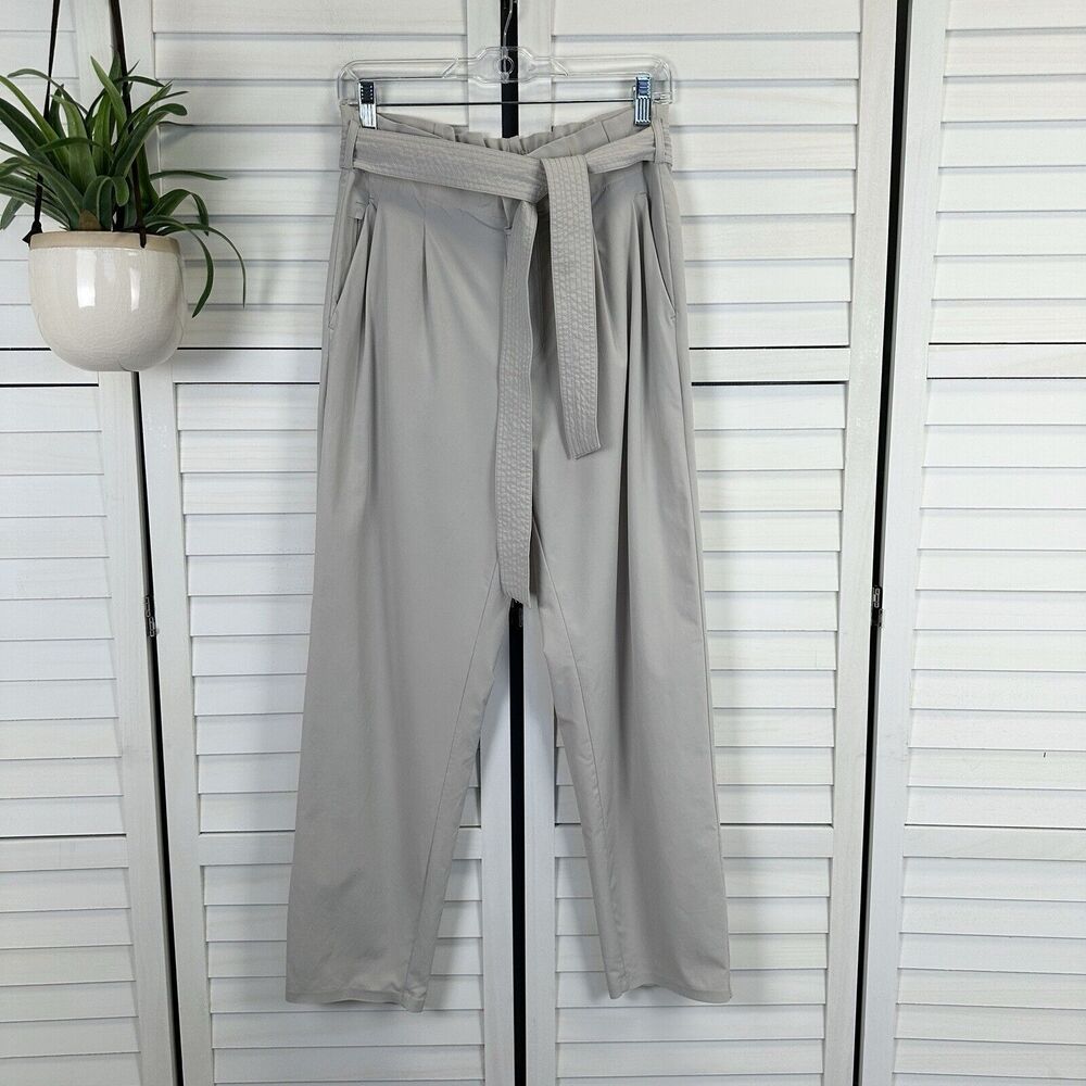 Athleta Skyline II Pants Abalone Gray Taupe Pleated Tie Waist Taper Size 6‎